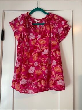 Pleione Pink Floral Flutter Sleeve Blouse